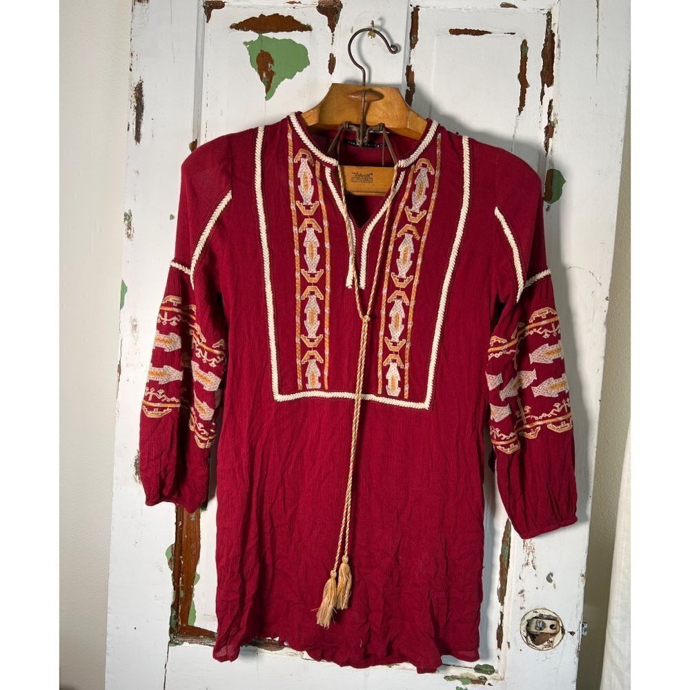 Blu Pepper Womens Size S 100% Rayon Red Embroidered Peasant Boho Tunic Dress